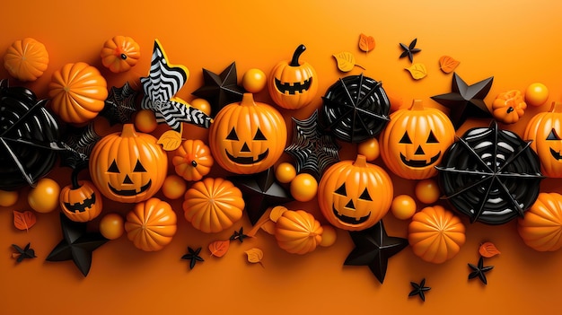 Doces de Halloween com decorações de papel em fundo laranja IA gerativa