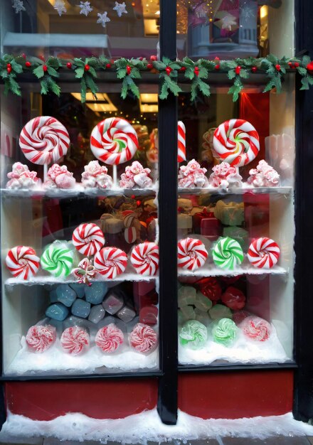 Doces de Natal exibidos em uma vitrine com uma cena de rua gelada