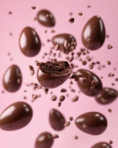 Foto doces de ovo de chocolate caindo em fundo rosa