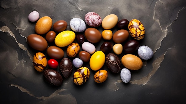 Foto doces de ovos de páscoa de chocolate em fundo de concreto