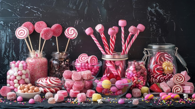 Doces de pirulito rosa em frasco com vários chocolates ao leite e gomas de geleia doces em preto com licorice de todos os tipos e doces de morango e grande variedade de doces e doces