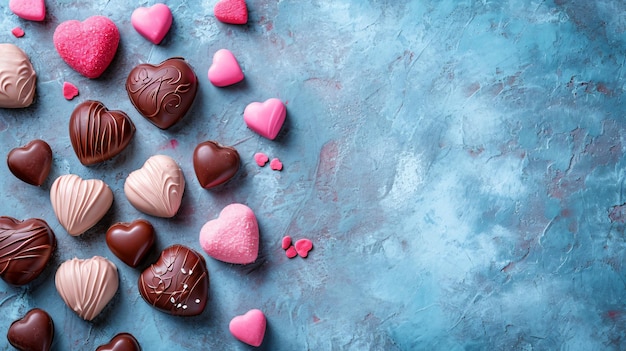 Foto doces de valentine de chocolate em forma de coração em fundo de pedra graffiti vista superior com espaço de cópia