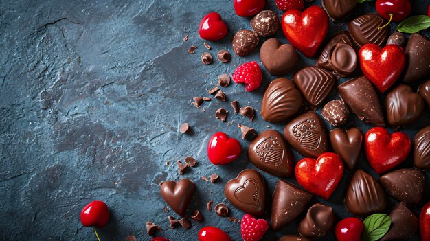 Foto doces de valentine de chocolate em forma de coração em fundo de pedra graffiti vista superior com espaço de cópia