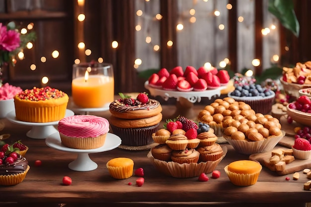 Foto doces decoram a mesa de madeira para a celebração gerada por ai