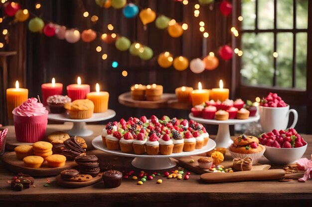 Foto doces decoram a mesa de madeira para a celebração gerada por ai