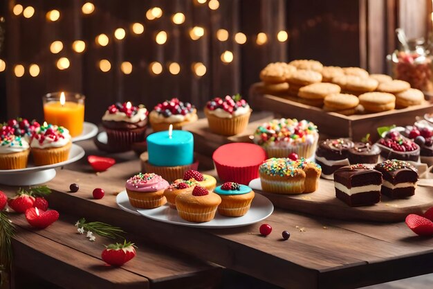 Foto doces decoram a mesa de madeira para a celebração gerada por ai