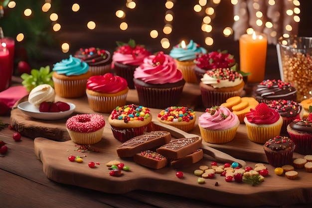 Doces decoram a mesa de madeira para a celebração gerada por ai