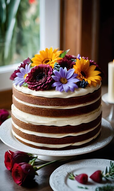 Doces delicias de aniversário Flores amarelas em decoração de bolo recém-cozido