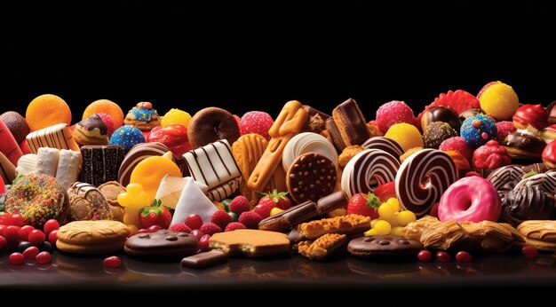Doces deliciosos em fundo abstrato chocolates coloridos e doces na mesa doces coloridos