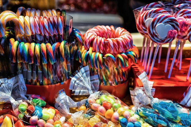 Doces doces e pirulito no mercado noturno de Natal no Gendarmenmarkt no inverno de Berlim, Alemanha. Decoração da Feira do Advento e Barracas com Artigos de Artesanato no Bazar.