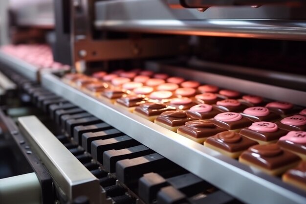 Doces doces no transportador da fábrica de chocolate Processo de vidro de cacau Marzipan aparência estética