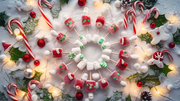 Foto doces e decorações festivas com cana-de-açúcar e marshmallows na neve