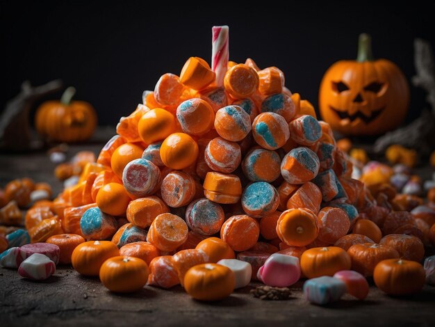 Doces e doces de halloween em fundo escuro