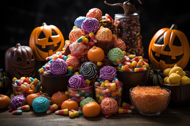 Doces e doces de Halloween em fundo escuro