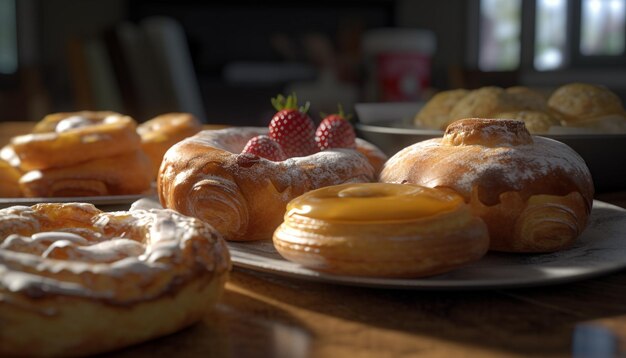 Doces gourmet recém-assados em mesa de madeira rústica para indulgência gerada por inteligência artificial