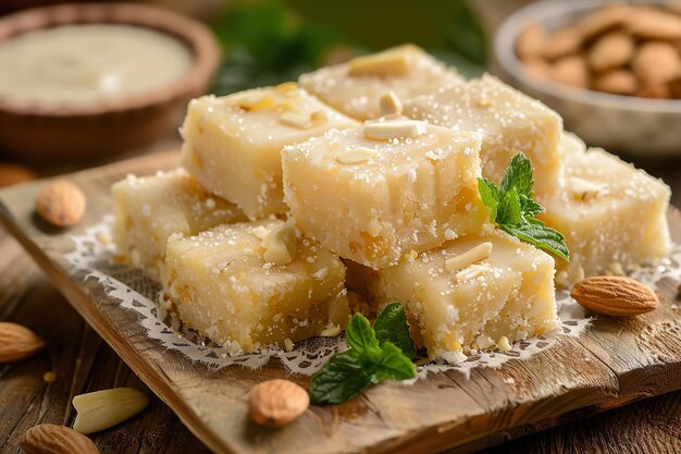 Foto doces indianos também conhecidos como mithai barfee mawa barfi almond sweet e khoya burfi badam barfi mawa leite e açúcar se combinam para fazer este popular deleite indiano ai gerativa