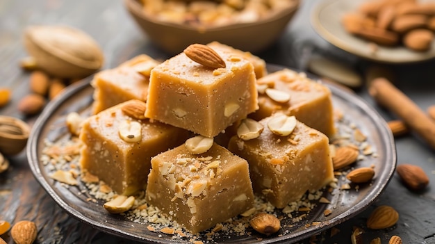 Foto doces indianos também conhecidos como mithai barfee mawa barfi almond sweet e khoya burfi badam barfi mawa leite e açúcar se combinam para fazer este popular deleite indiano ai gerativa
