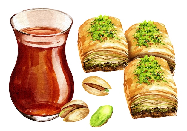Doces orientais aquarela com xícara de vidro de ilustração de chá de baklava de doces turcos tradicionais