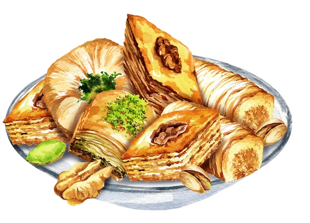 Doces orientais de aquarela em ilustração de vidro mais suave de baklava tradicional de doces turcos com h