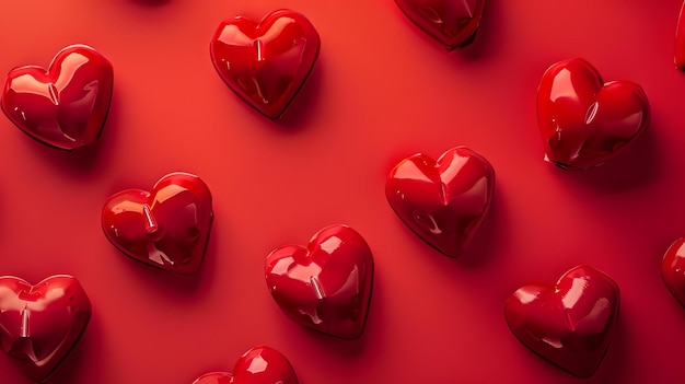 Doces vermelhos em forma de coração sobre um fundo vermelho Padrão sem costura