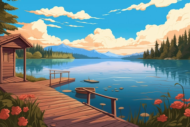 Foto docks de madeira levando a uma cabana de madeira aconchegante por um lago sob o céu azul ilustração de estilo de revista