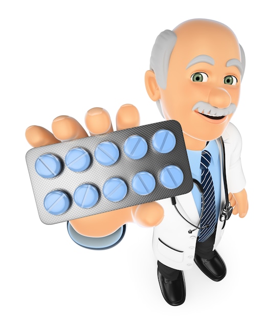 Doctor 3D con una tableta de píldoras. Medicinas