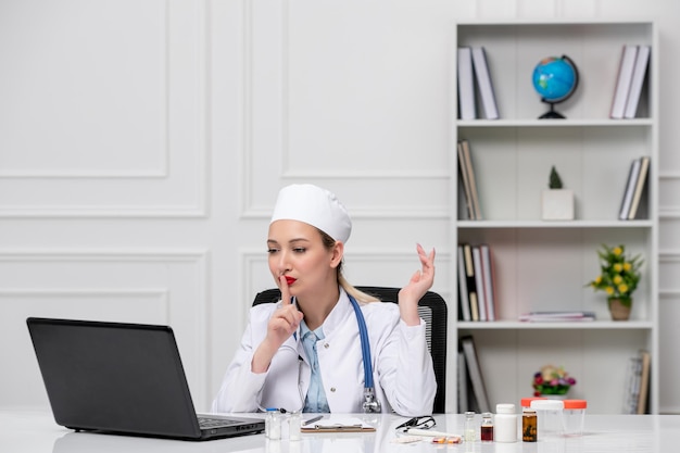 Doctor bastante lindo médico en bata de laboratorio blanca y sombrero con computadora