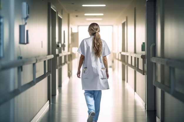 Doctor caminando por el pasillo del hospital de espaldas IA generativa