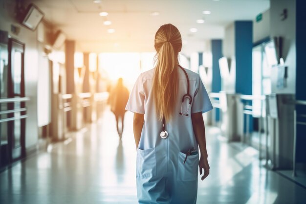 Doctor caminando por el pasillo del hospital de espaldas IA generativa