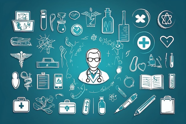 Doctor dibujando iconos médicos Concepto de salud Vector