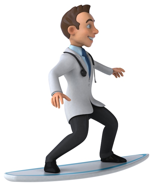 Doctor de dibujos animados en 3D divertido surf