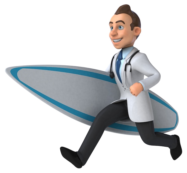 Doctor de dibujos animados en 3D divertido surf