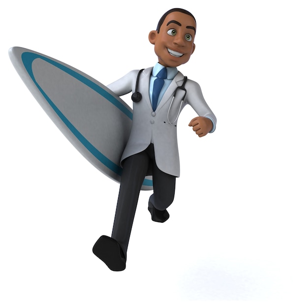 Doctor de dibujos animados en 3D divertido surf