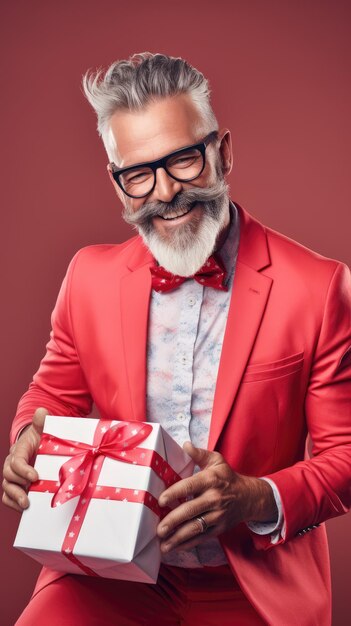 Doctor disfrazado de Papá Noel sosteniendo una caja de regalo de Navidad