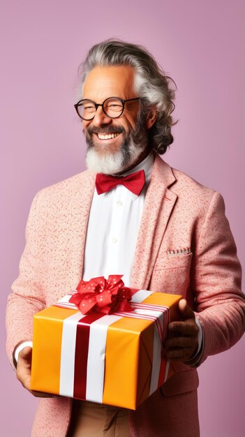 Doctor disfrazado de Papá Noel sosteniendo una caja de regalo de Navidad