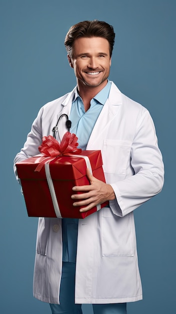 Doctor disfrazado de Papá Noel sosteniendo una caja de regalo de Navidad