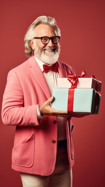 Doctor disfrazado de Papá Noel sosteniendo una caja de regalo de Navidad