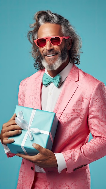 Doctor disfrazado de Papá Noel sosteniendo una caja de regalo de Navidad
