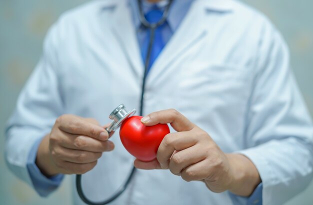 Doctor elegante asiático del hombre que lleva a cabo un corazón rojo