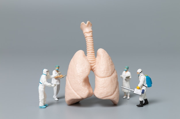 Doctor y enfermera de personas en miniatura observando y discutiendo sobre los pulmones humanos