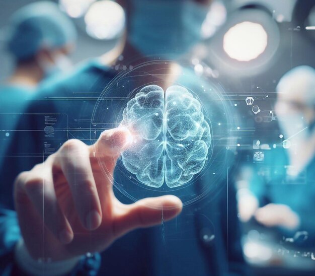 El doctor está usando un holograma del sistema cerebral en la sala de operaciones. Ilustración generativa de IA.