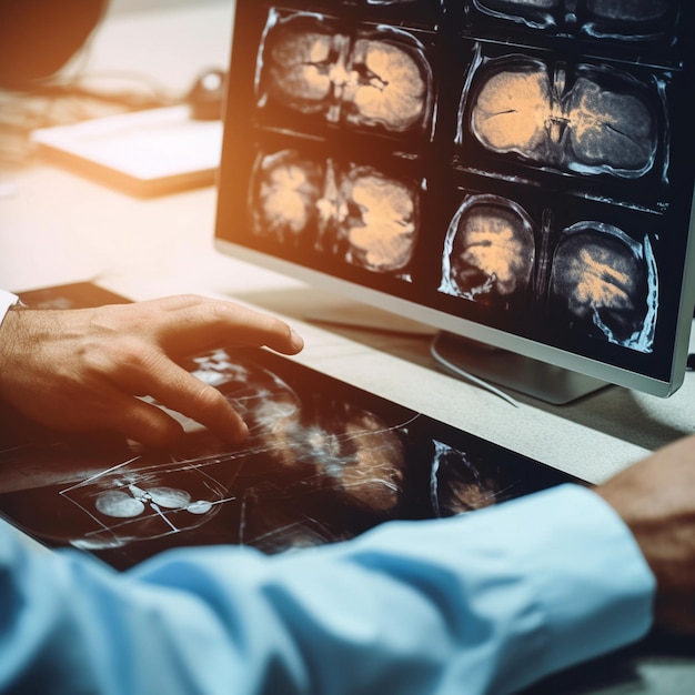 Foto doctor examinando imágenes de resonancia magnética de un paciente con esclerosis múltiple en la mesa en el primer plano de la clínica