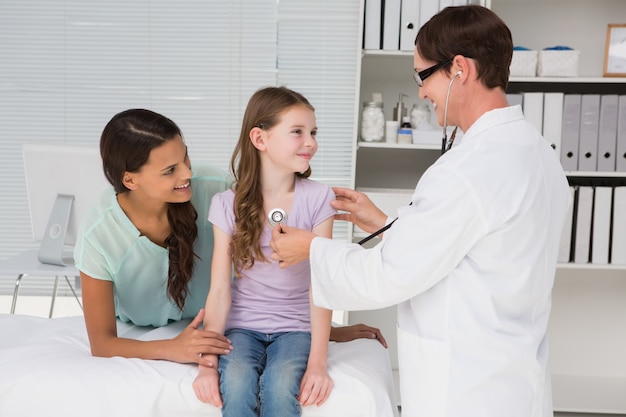 Doctor examinando a niña con su madre