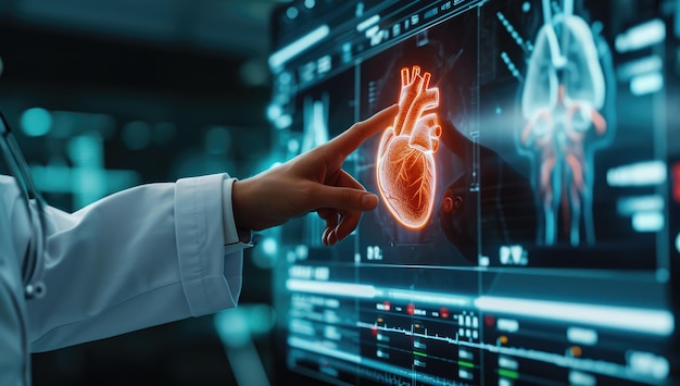 Doctor examinando la radiografía del corazón en la pantalla digital