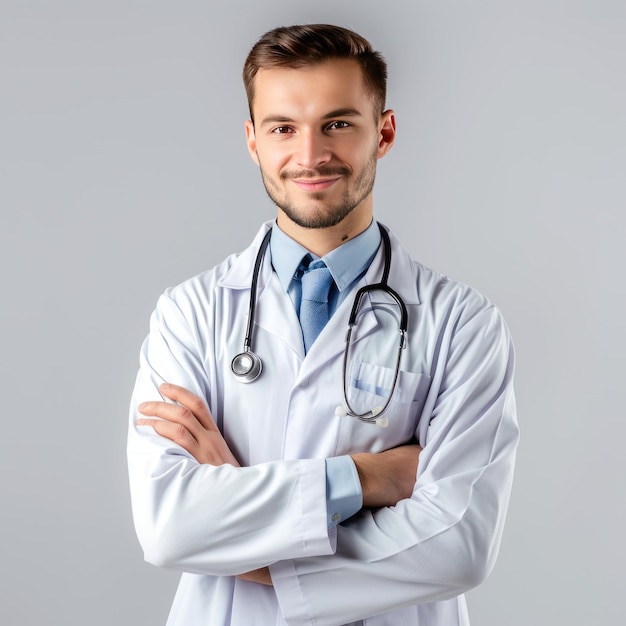 un doctor guapo en un fondo blanco