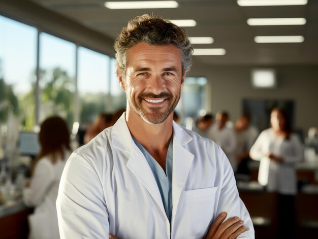 Un doctor guapo y seguro de sí mismo posa con los brazos cruzados en un laboratorio brillante que irradia liderazgo y confianza.