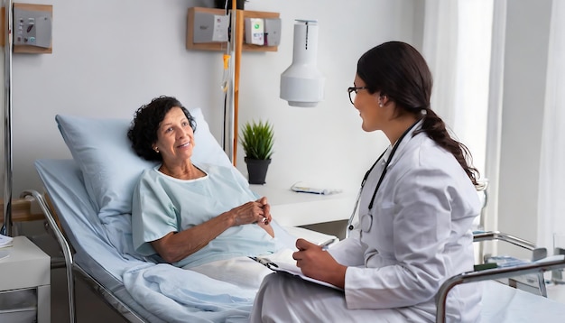 Foto doctor hablando con una anciana en una cama de hospital