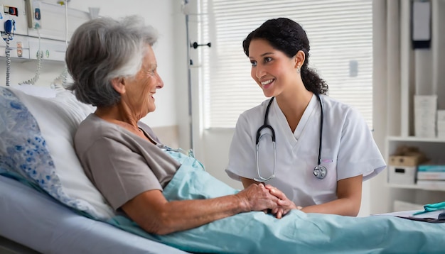 Doctor hablando con una anciana en una cama de hospital