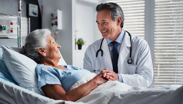 Doctor hablando con una anciana en una cama de hospital