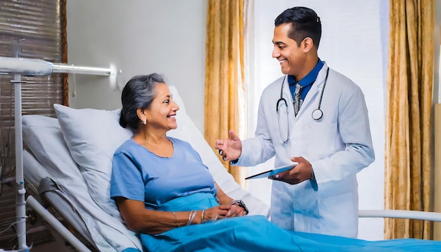 Doctor hablando con una anciana en una cama de hospital